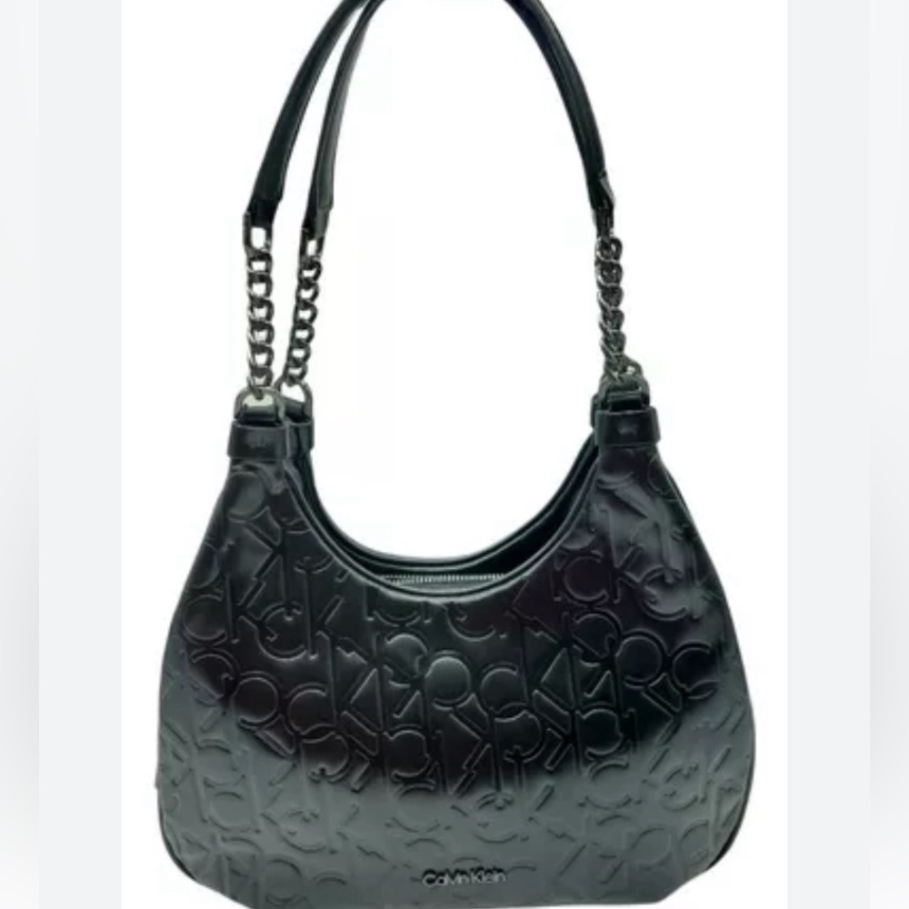 CALVIN KLEIN🖤CLASSIC BLACK🖤LOGO EMBOSSED MEDIUM HOBO SHOULDER BAG 🌟LIKE NEW🌟